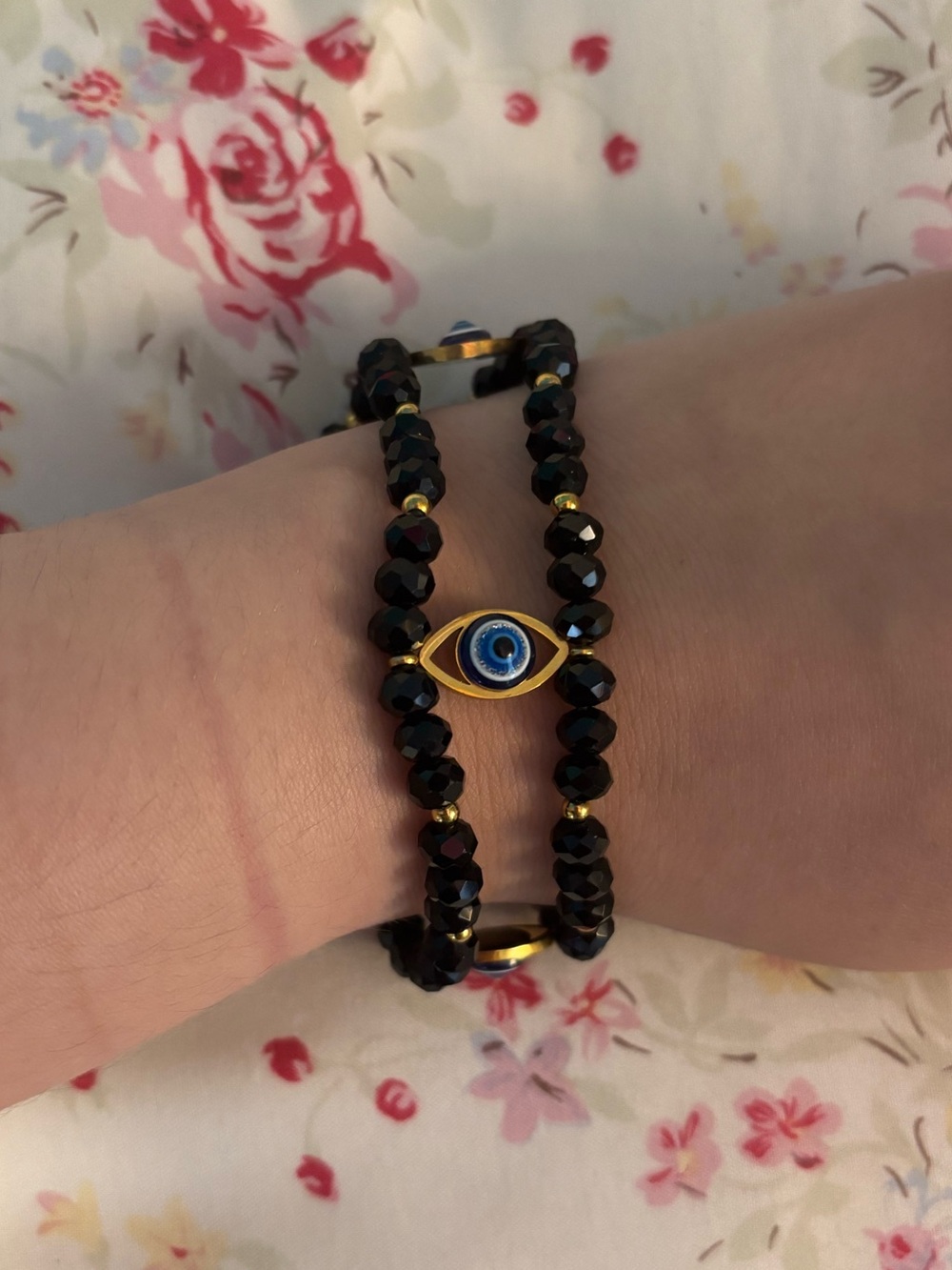 Gold and Black Beaded Evil Eye Stretch Elastic Bracelet